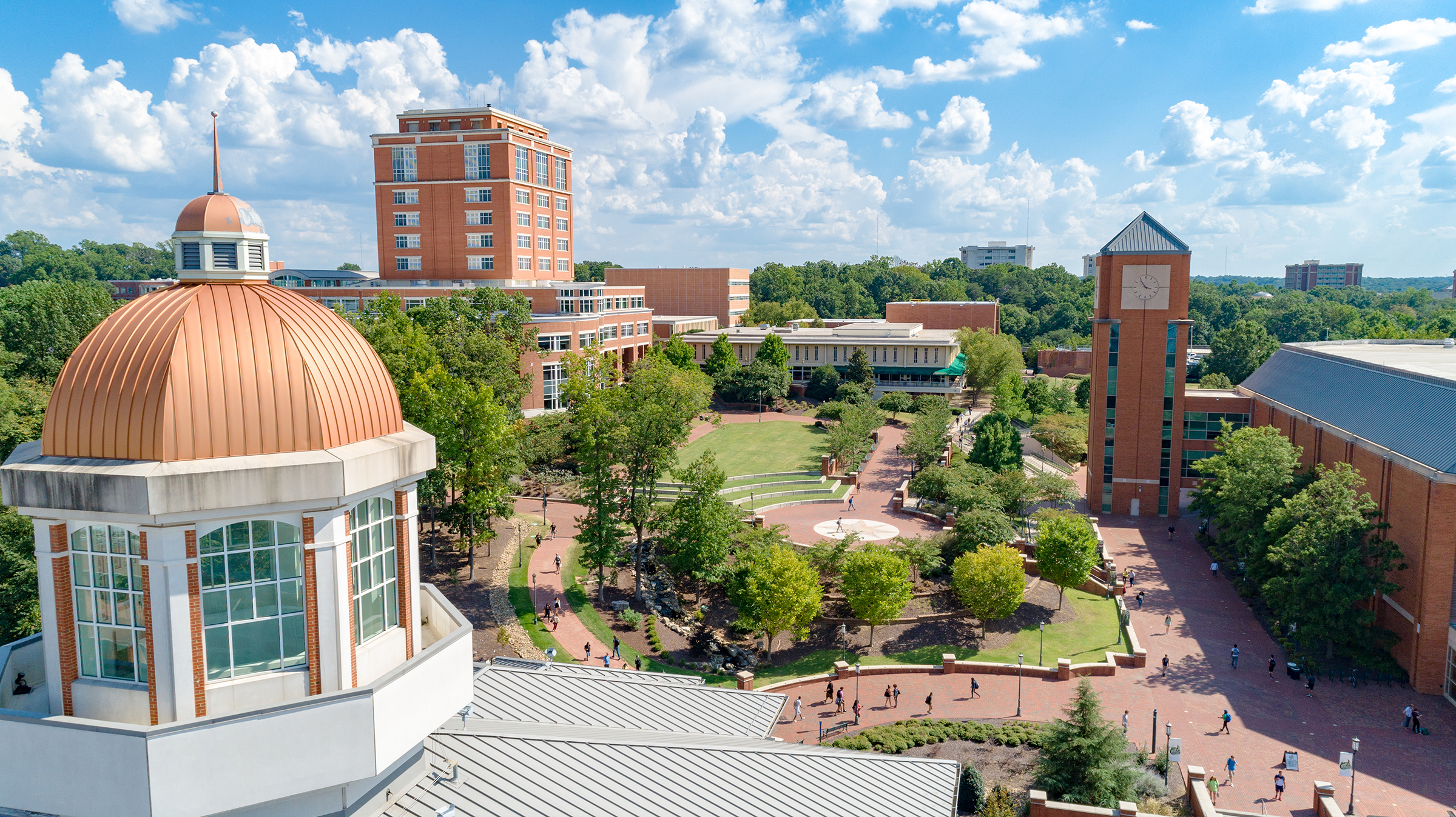 Campus aerial photography of Star Quad, library, and surrounding buildings